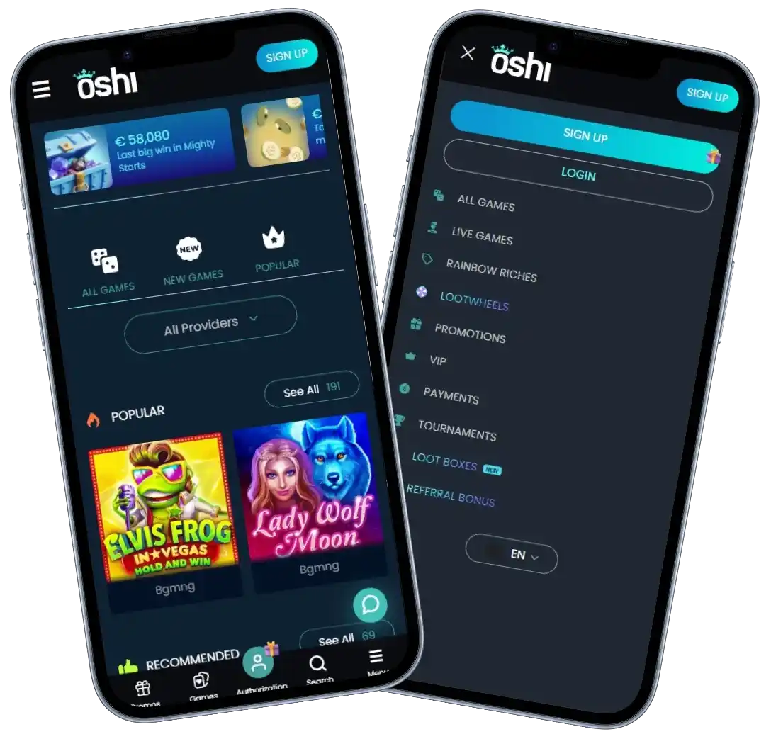 Oshi Casino mobile app lobby screenshot