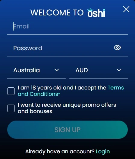 Oshi Casino welcome sign up registration